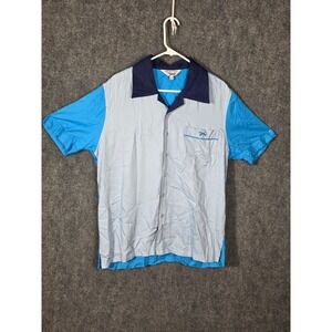 Retro Fox Mens Blue Colorblock Herringbone Bowling Shirt Short Sleeve Sz L Retro